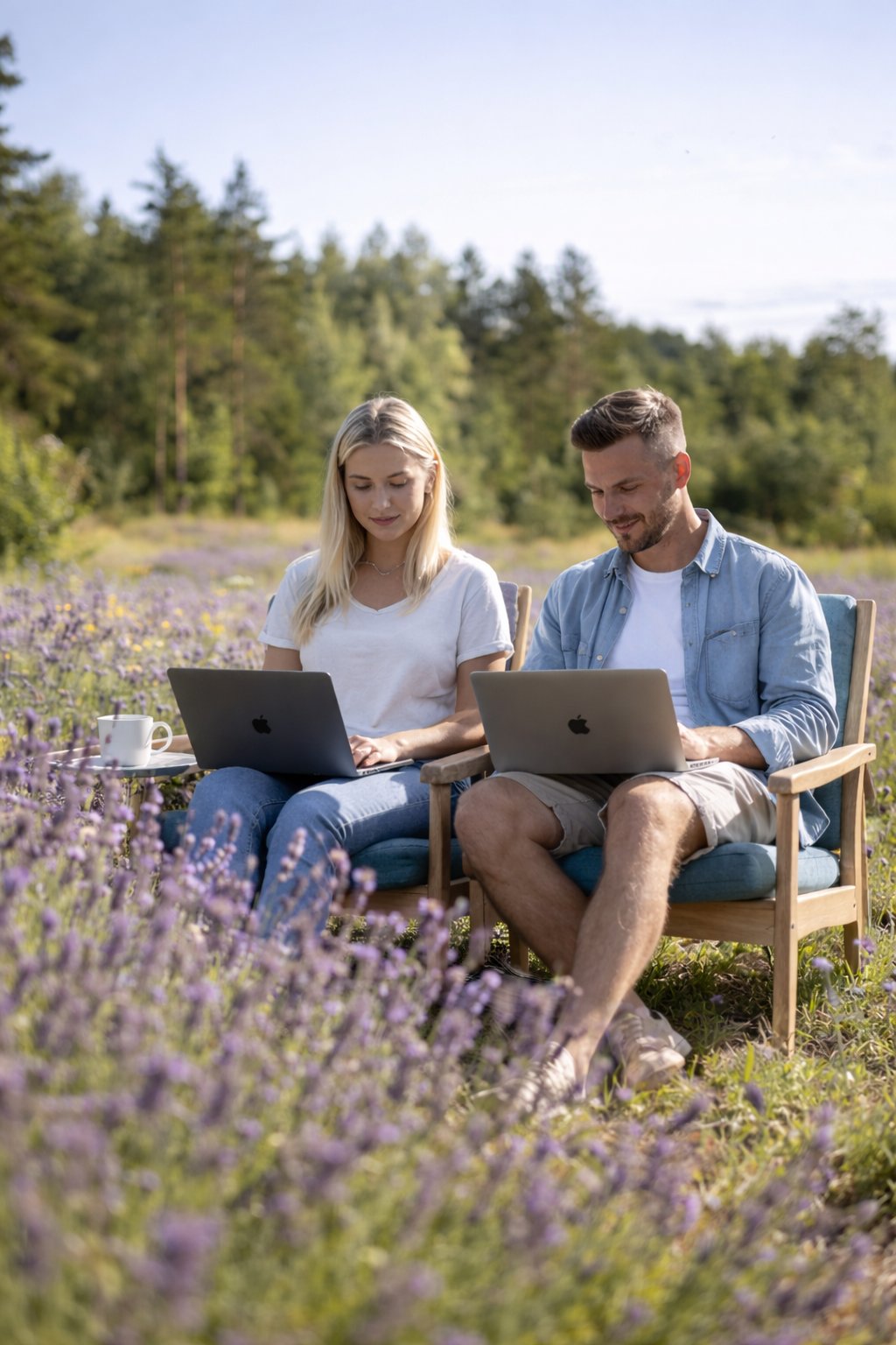 Remote professionals working on laptops in a natural setting